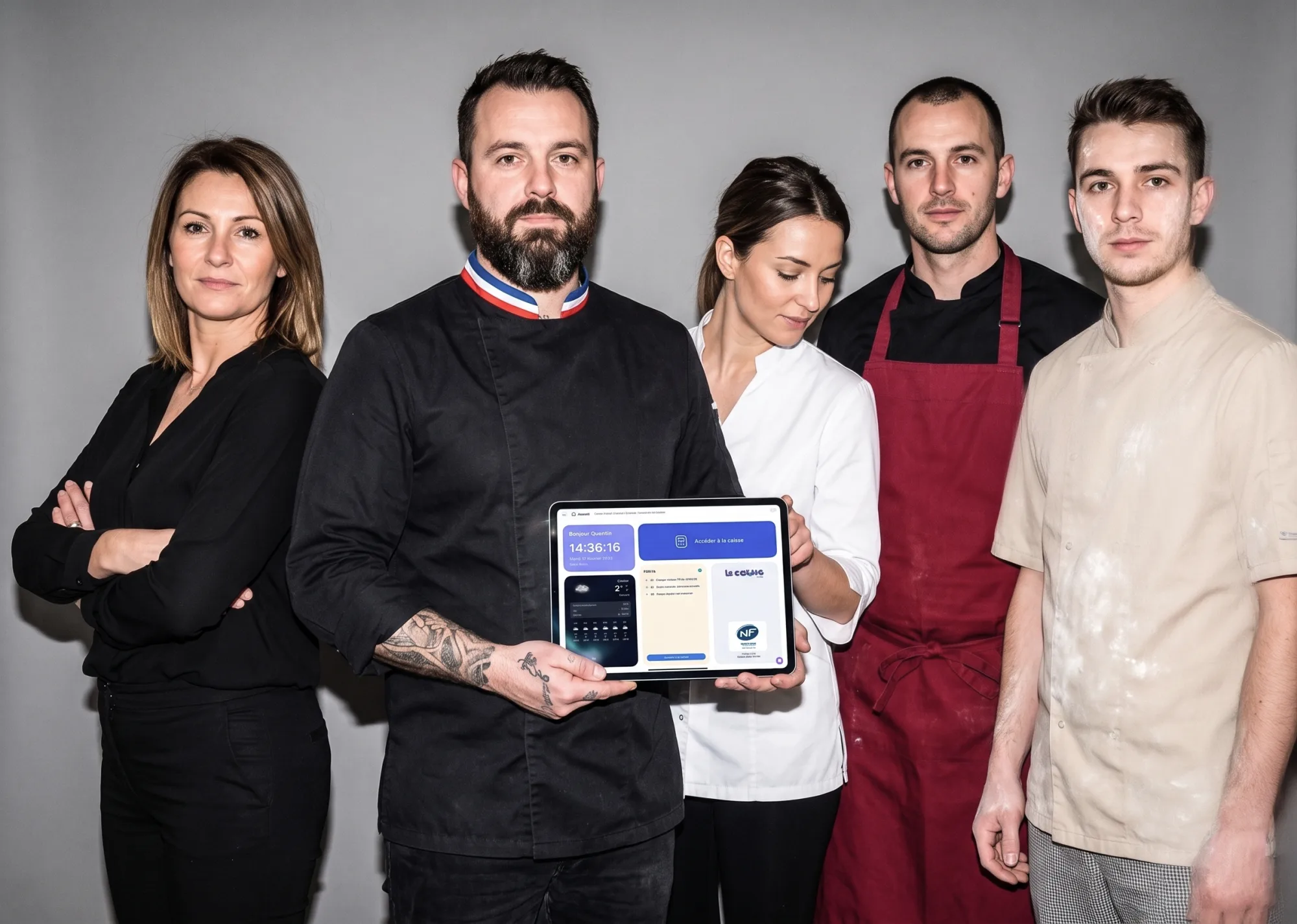 L'équipe La Caisse par Ugo — un chef présentant le logiciel sur tablette, entouré de professionnels